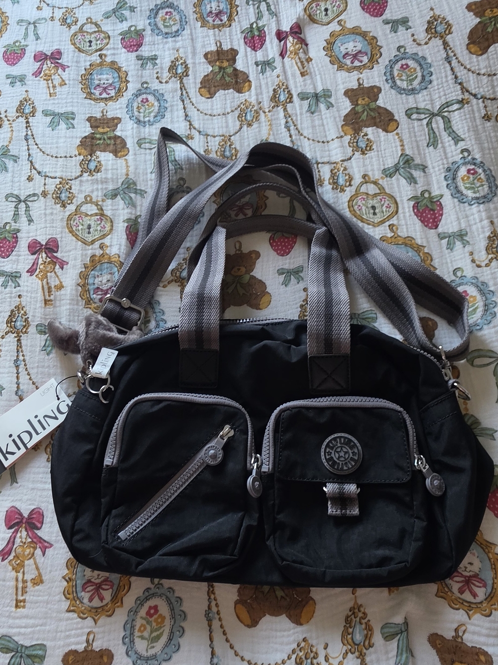 Kipling Black Nylon Shoulder Bag with Gray Accents